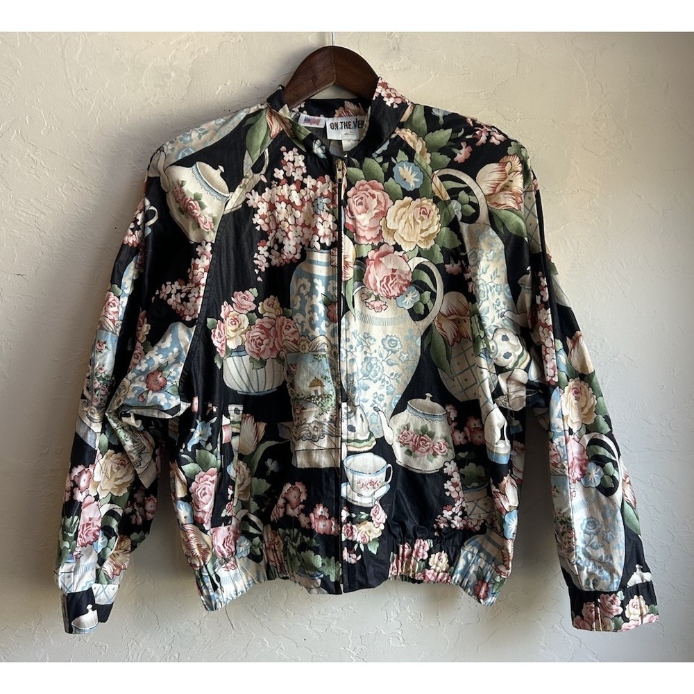 Vintage 90s On The Verge Bomber Jacket L Teapot Print Novelty Maximalist Rare